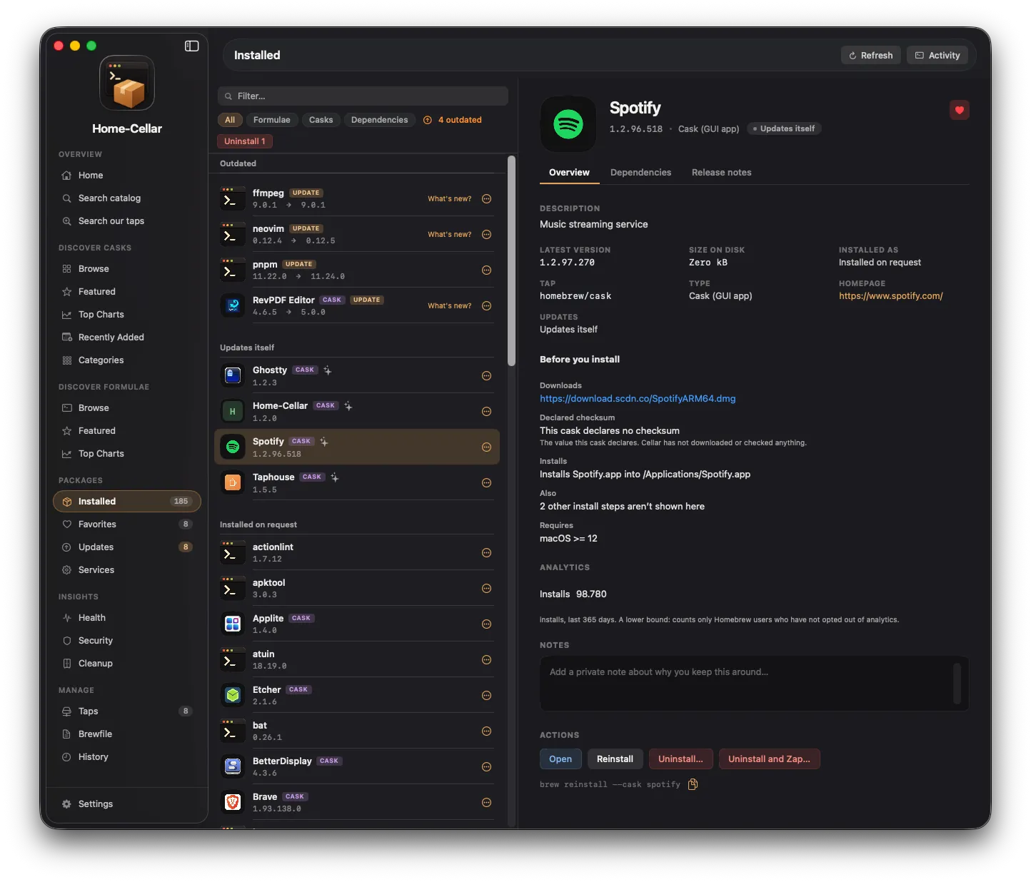 Home-Cellar installed packages view with update status and detailed Ghostty package information