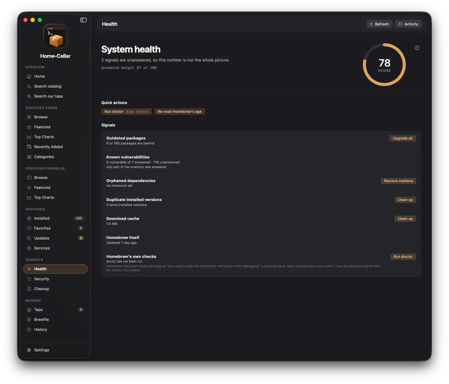 Home-Cellar health view showing a score of 78 and detailed package, vulnerability, dependency, cache, and diagnostic signals