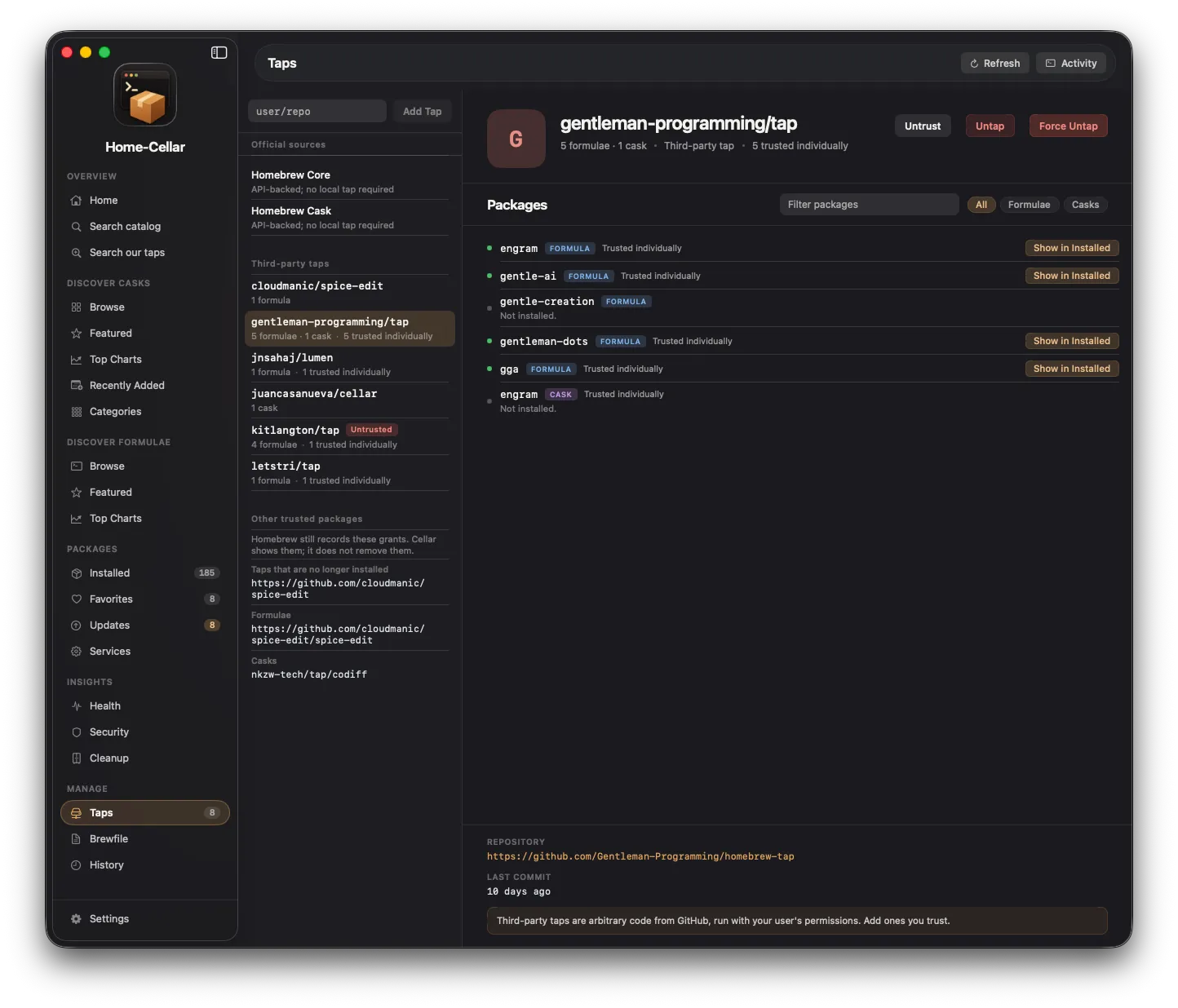 Home-Cellar taps view showing trusted and untrusted third-party sources and their available packages