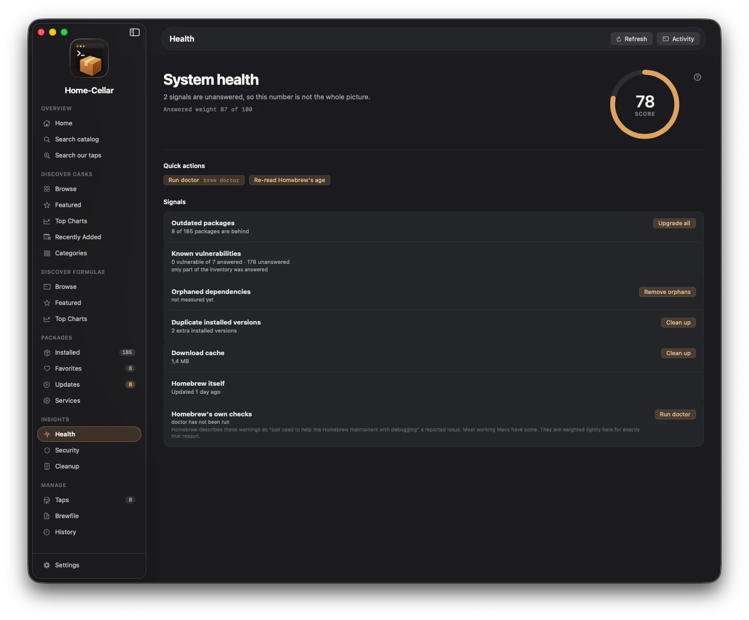 Home-Cellar system health view showing a score of 78 and detailed maintenance signals