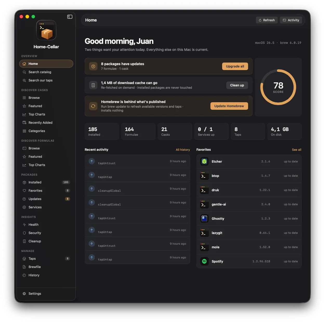 Home-Cellar dashboard showing package updates, cleanup recommendations, recent activity, and favorites