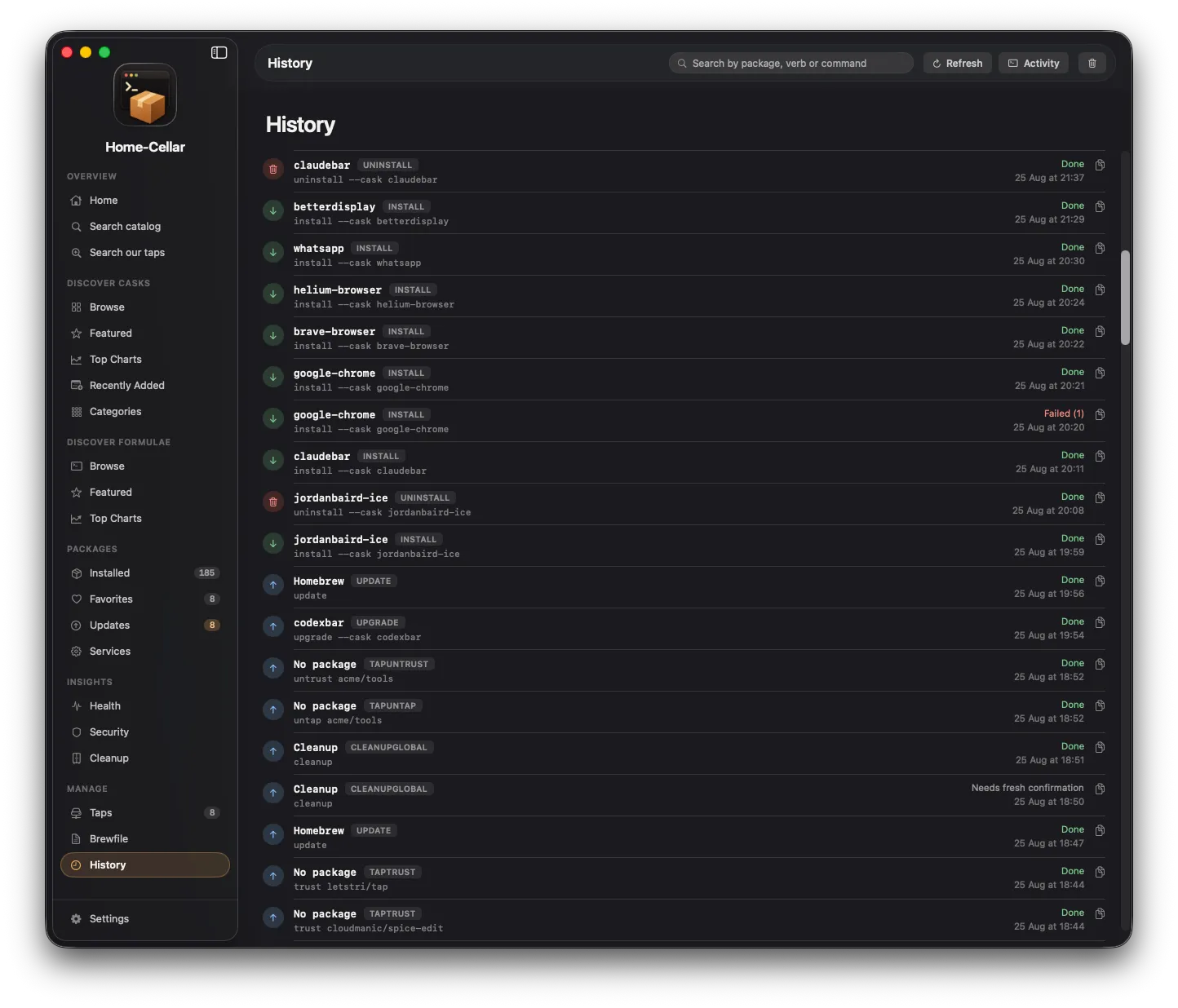 Home-Cellar history view listing package operations, commands, results, and timestamps