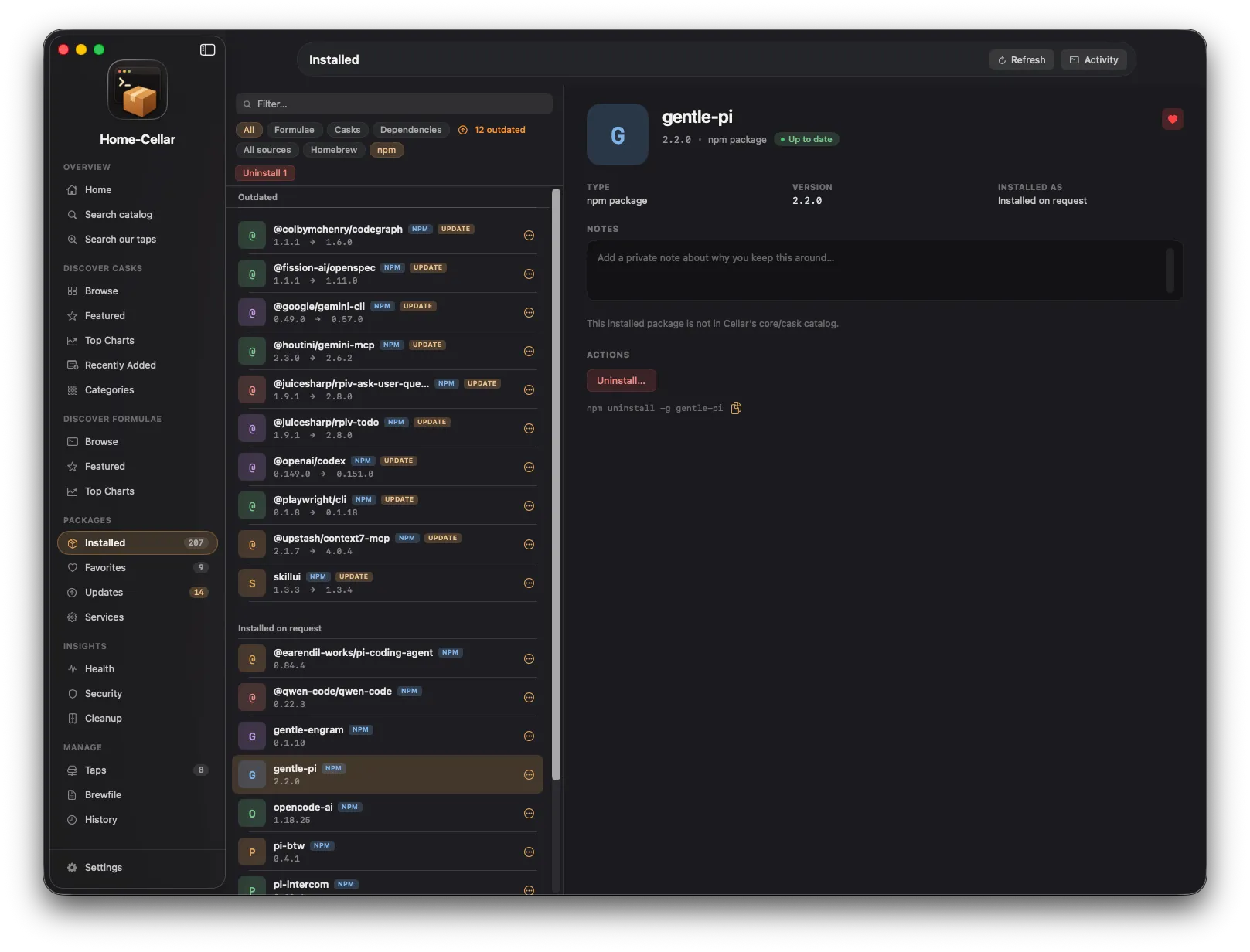 Home-Cellar installed packages view filtered to global NPM packages, showing available updates and package details