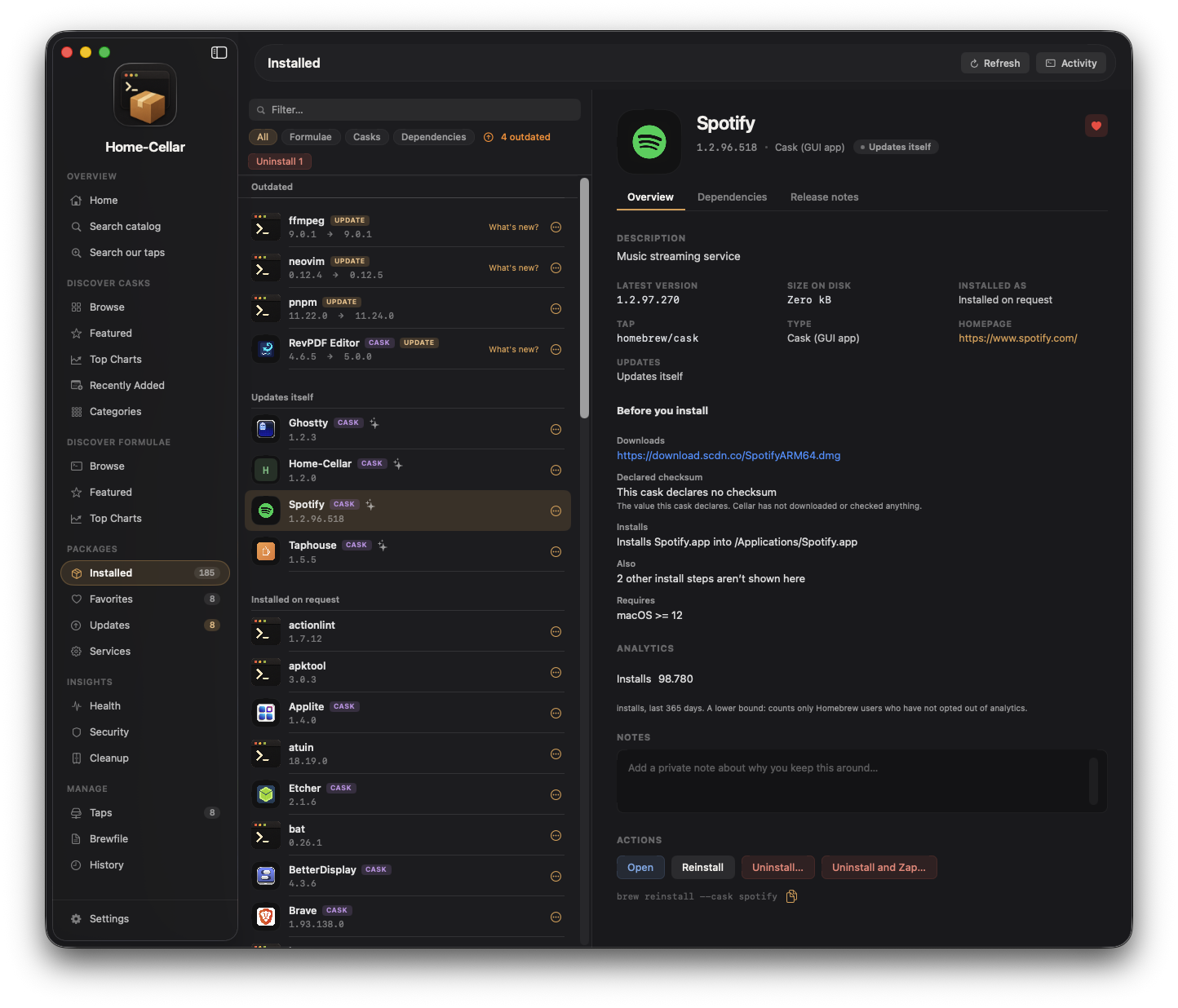 Home-Cellar installed packages view with update status and detailed Ghostty package information