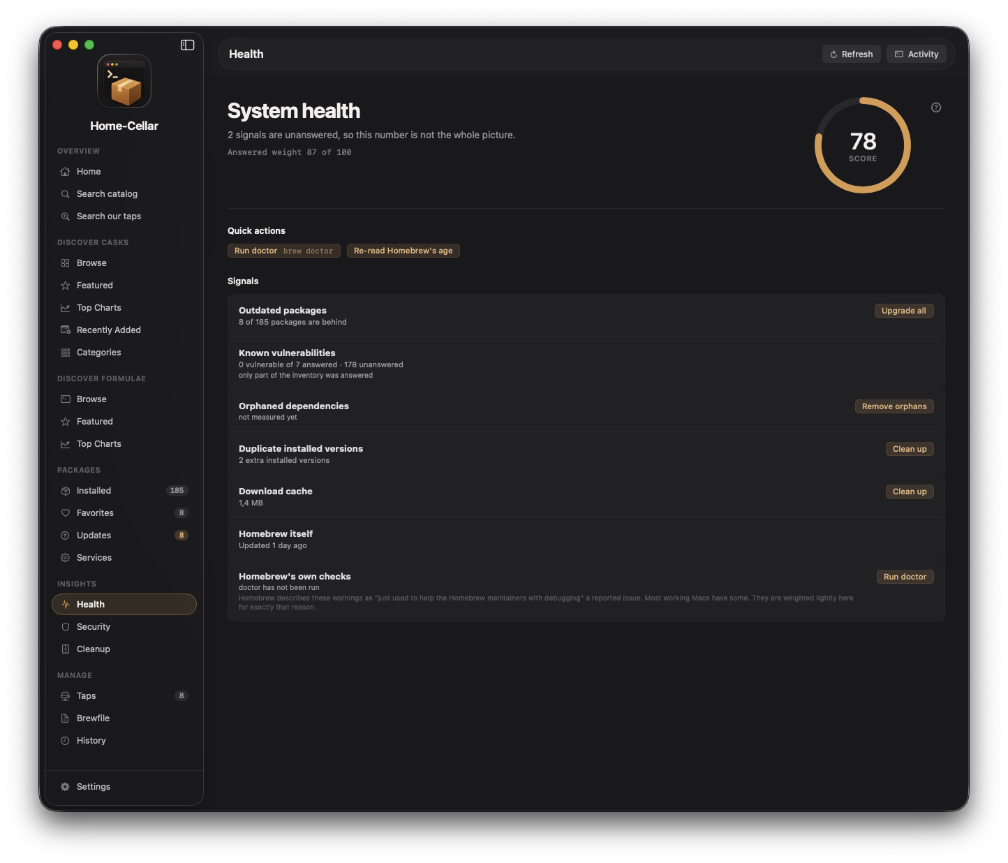 Home-Cellar health view showing a score of 78 and detailed package, vulnerability, dependency, cache, and diagnostic signals