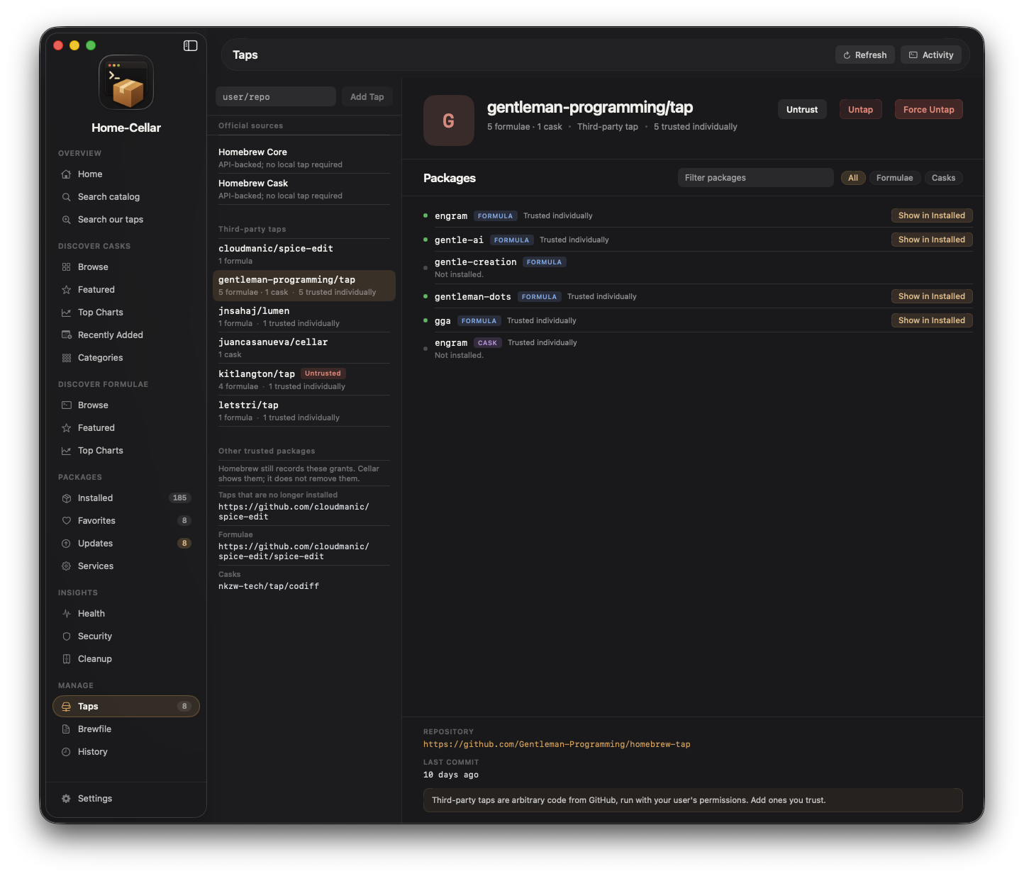 Home-Cellar taps view showing trusted and untrusted third-party sources and their available packages