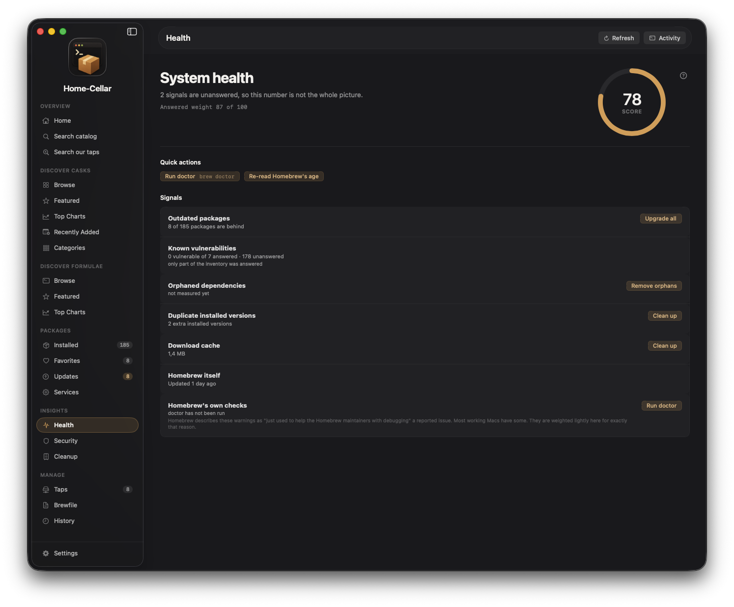 Home-Cellar system health view showing a score of 78 and detailed maintenance signals