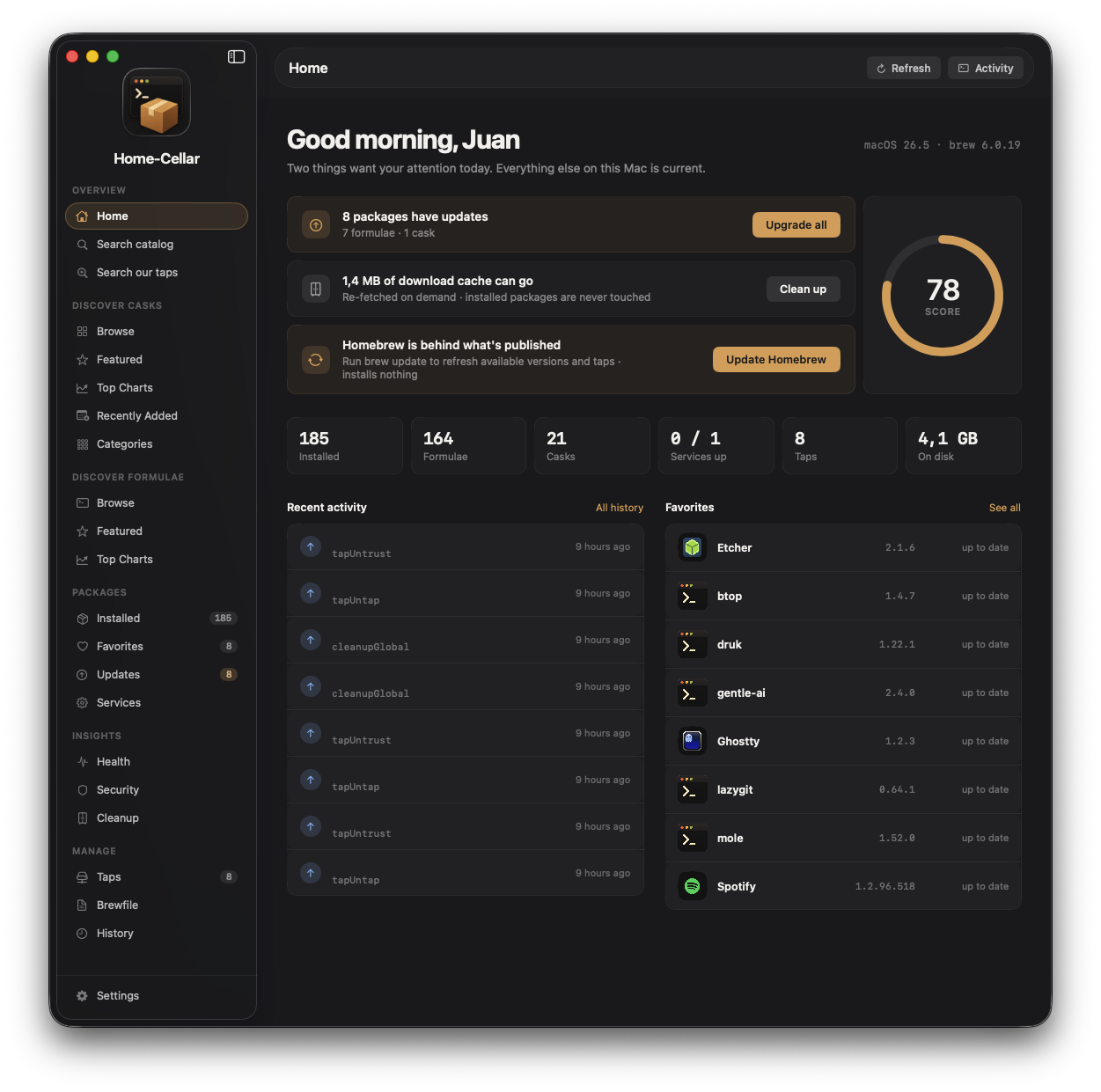 Home-Cellar dashboard showing package updates, cleanup recommendations, recent activity, and favorites