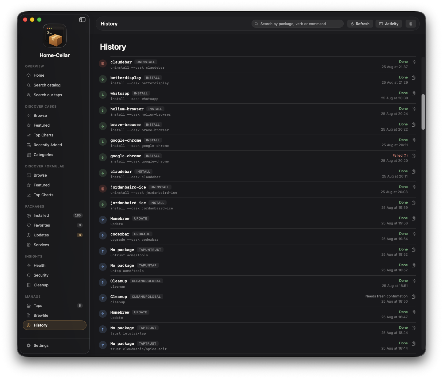 Home-Cellar history view listing package operations, commands, results, and timestamps