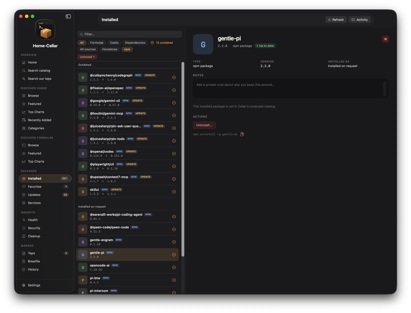 Home-Cellar installed packages view filtered to global NPM packages, showing available updates and package details